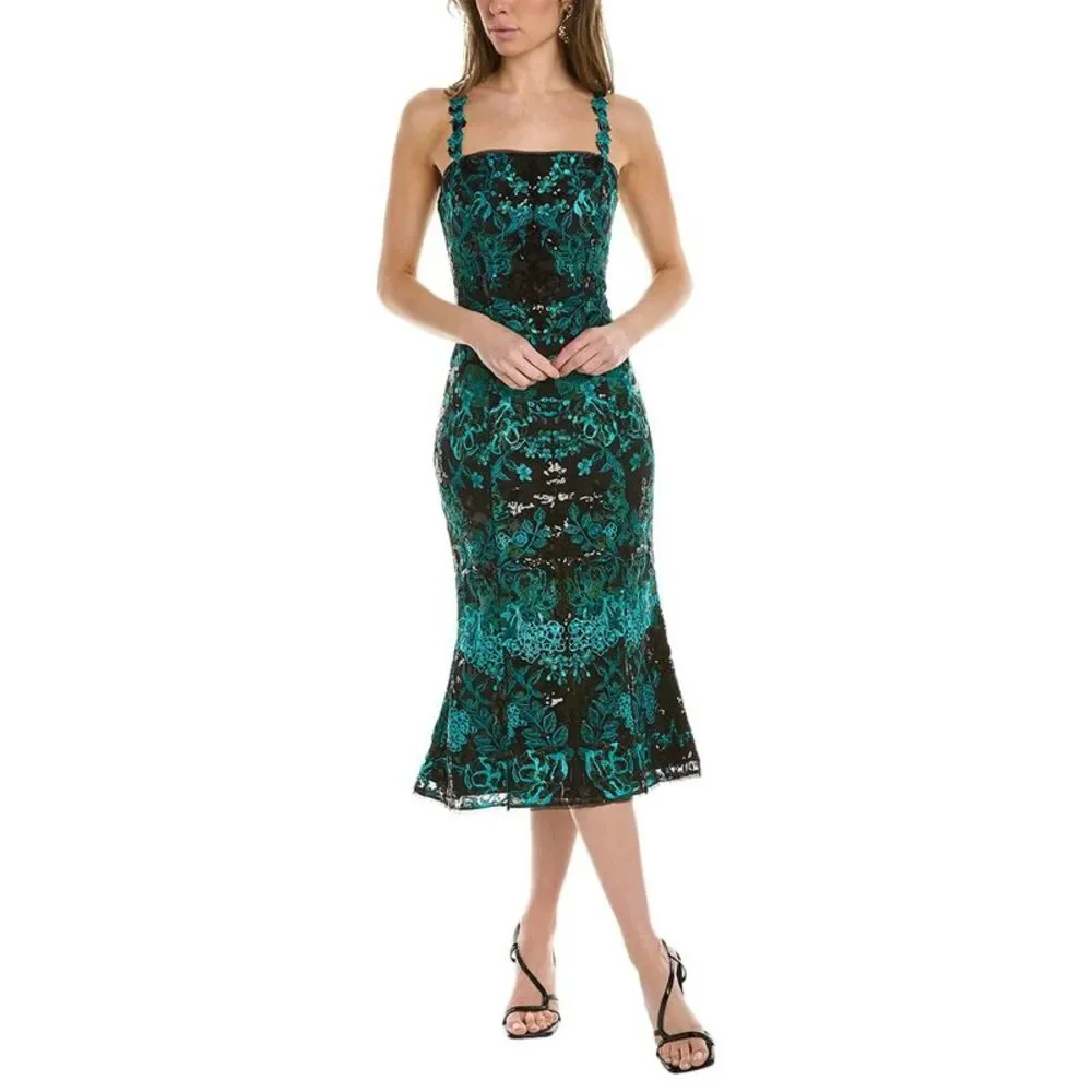 Marchesa Notte Embroidered Midi Dress